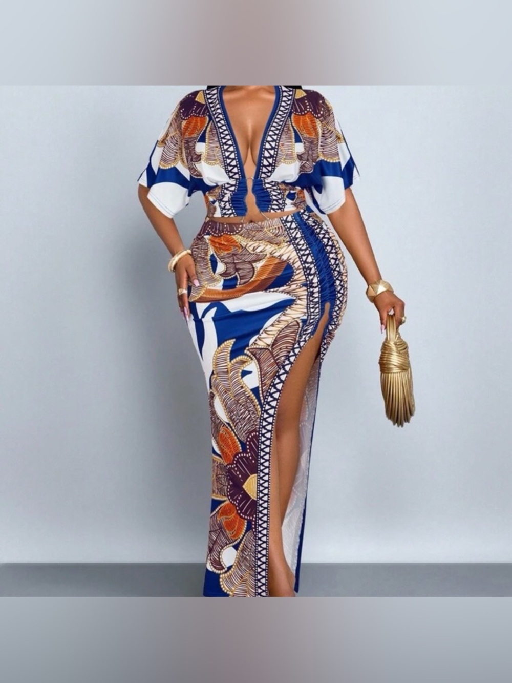 🆕 NEW Without Tags Printed Maxi Skirt and Matching Top in Blue & White - 3XL